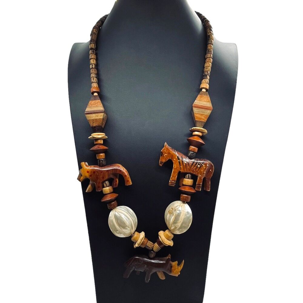 Statement Necklace Rhino Horse Zebra Wood Shell Vintage 1970 1980 Retro African